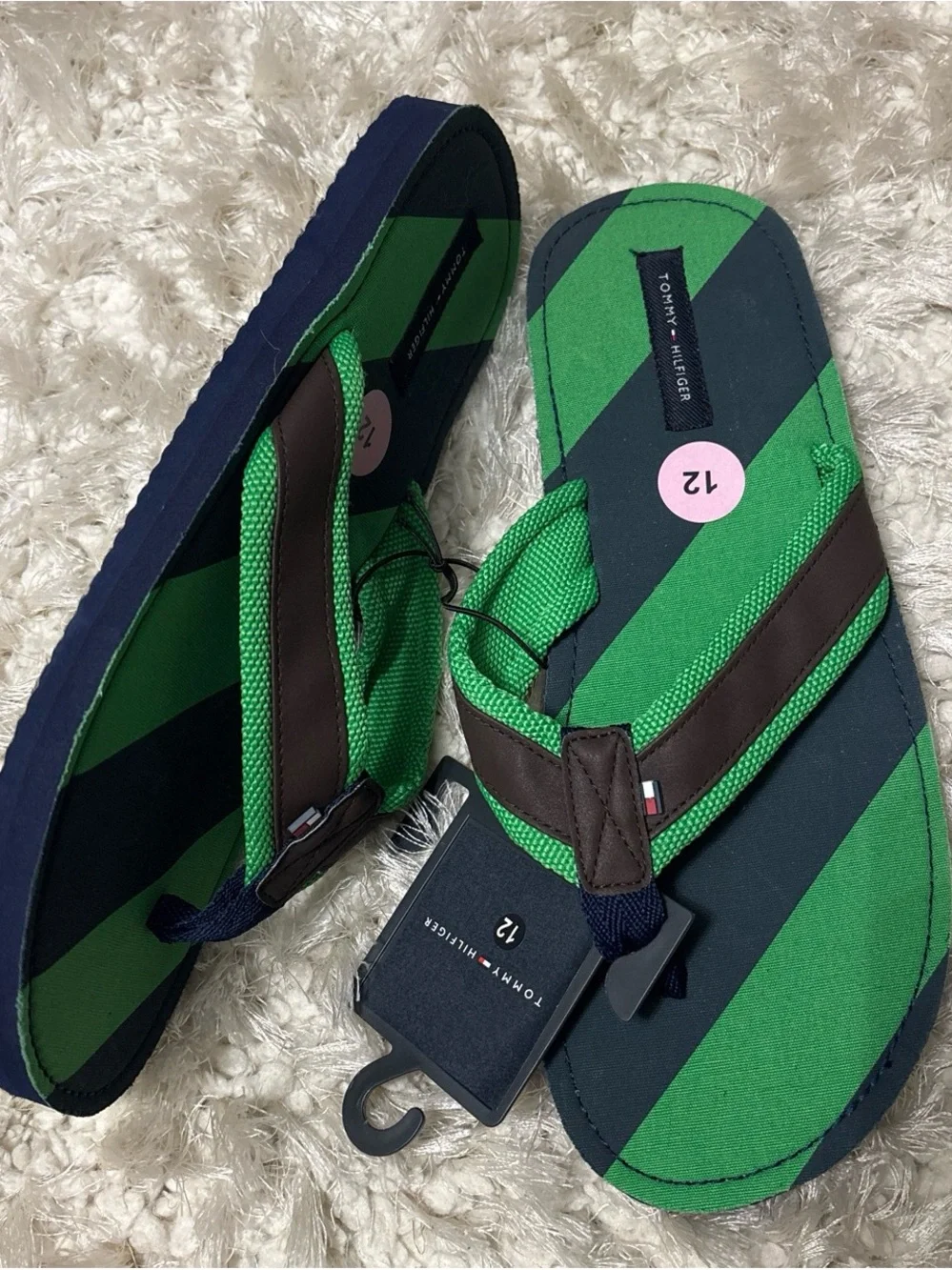 Tommy Hilfiger Green and Navy Diagonal-Stripe Flip Flops